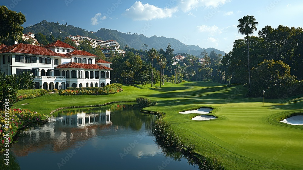Fototapeta premium Majestic Golf Course Estate: Breathtaking Views and Luxurious Clubhouse