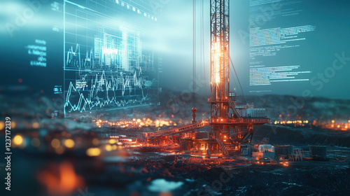 Geothermal Well Drilling Process with Digital Graphs in the Background Illustrating Fluctuating Market Prices and the Growing Role of Geothermal Energy in the Global Energy Mix