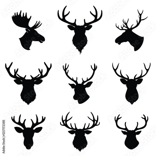 A set of mule deer head vector silhouette isolated,Deer head silhouette, Horned elk, stag, reindeer character mascot,deer icon, logo, badge, sticker, stencil
