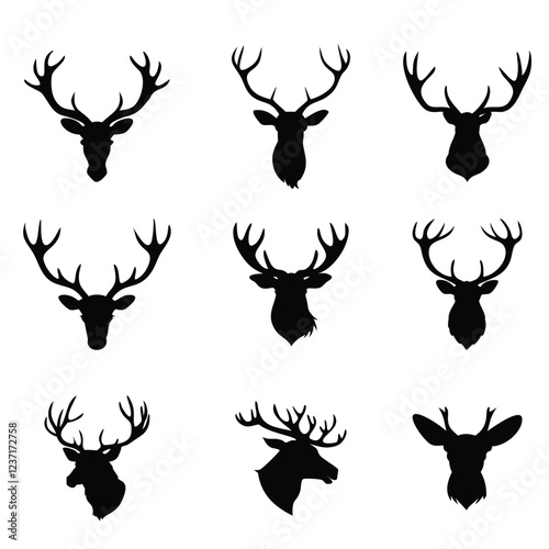 A set of mule deer head vector silhouette isolated,Deer head silhouette, Horned elk, stag, reindeer character mascot,deer icon, logo, badge, sticker, stencil
