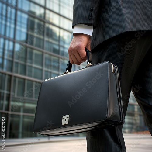 Close-up of a businessman in a pinstripe suit holding a black briefcase in a modern urban setting, representing professionalism, corporate world, and success.