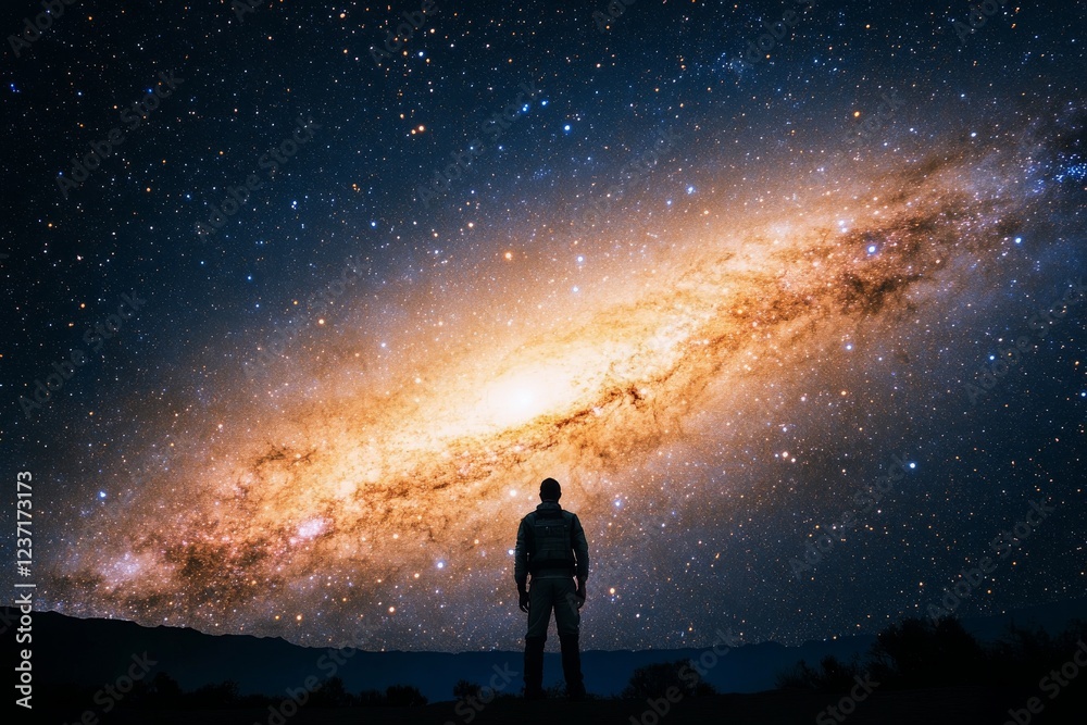 Stargazer admires the Andromeda galaxy in a dark sky full of stars Stargazer admires the Andromeda galaxy in a dark sky full of stars