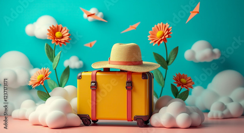 Colorful travel scene with straw hat, suitcase and flowers on blue background with clouds