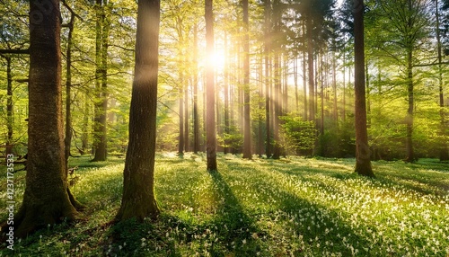 spring in the forest with bright sun shining through the trees