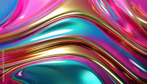 liquid chrome futurism reflective high gloss textures with vibrant shifting gradients in pink aqua and gold