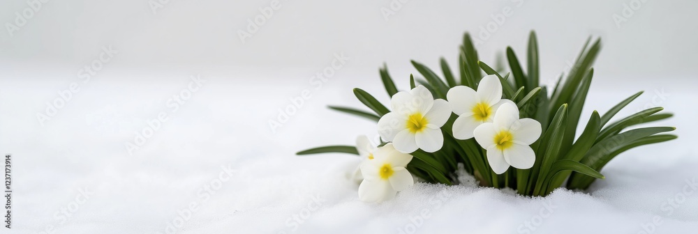 Obraz premium A white flower with yellow centers is surrounded by snow. Concept of serenity and beauty in the midst of winter
