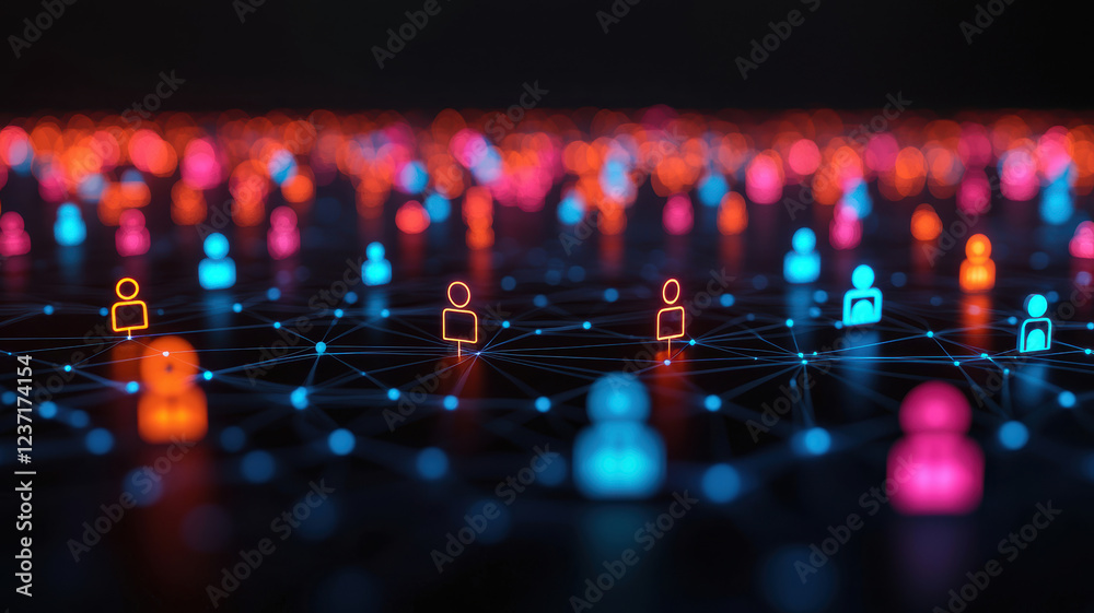 Fototapeta premium A vibrant digital network of user icons represented in blue and orange, symbolizing connectivity and interaction in a virtual space.