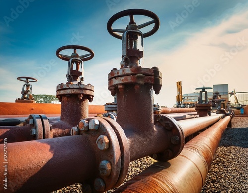 close up of industrial valves in a pipeline system with rusted metal pipes showcasing industrial machinery and mechanical engineering