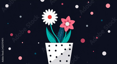 Abstract illustration of a flower pot with vibrant and colorful designs and patterns