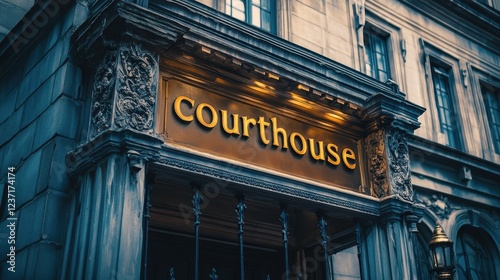 Courthouse Entrance Illuminated by Warm Architectural Lighting with Ornate Stone Columns and Classical Design Details at Dusk