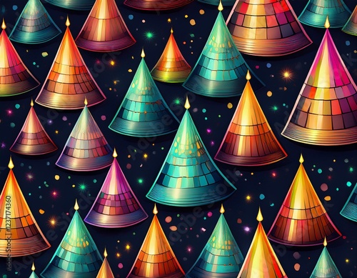 shimmering disco fever seamless pattern with glowing lights and party hats on dark background modern flat design metallic shades and abstract gradients