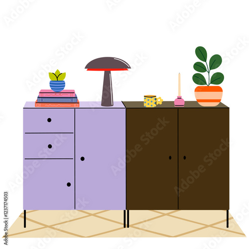 Modern sideboard with home decor – stylish cabinet with books, lamp, plants, and accessories for cozy interior design.
