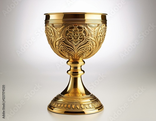a gilded chalice with intricate ornate detailing reflects light on a clear or white background