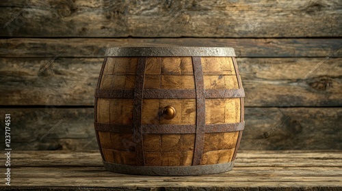 Rustic Wooden Barrel on a Weathered Wooden Surface Background