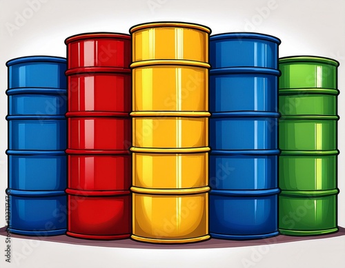 colorful industrial oil barrels in a stylized vector illustration with blue red yellow and green barrels for energy and storage themes