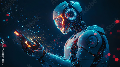 A glowing robotic storyteller creating a dynamic sci-fi epic with hyper-detailed animations and vibrant, radiant effects.