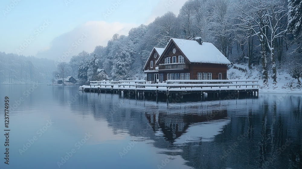 Fototapeta premium Winter Wonderland: Lakeside Cabin in Snowy Forest