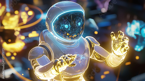 A glowing robotic storyteller narrating an epic, hyper-detailed tale with lifelike holographic characters and dynamic visuals.