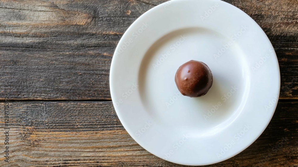 Single Chocolate Truffle on White Plate with Rustic Wood Background