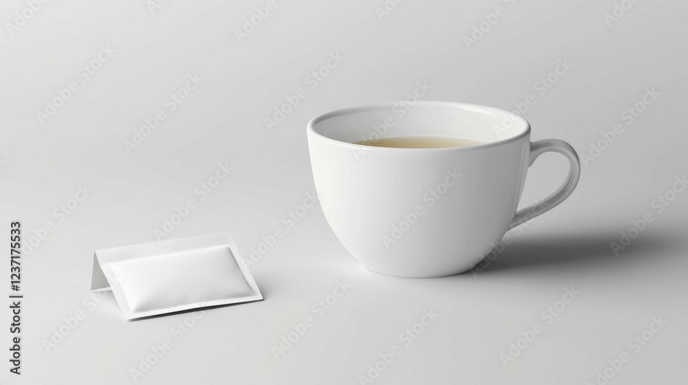 Minimalist White Cup with Tea and Tea Bag on Gray Background Minimalist White Cup with Tea and Tea Bag on Gray Background