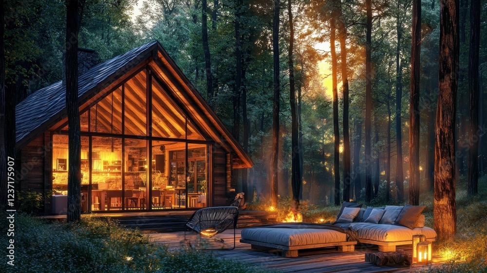 Naklejka premium Cozy Cabin Retreat in Serene Forest Setting at Golden Hour