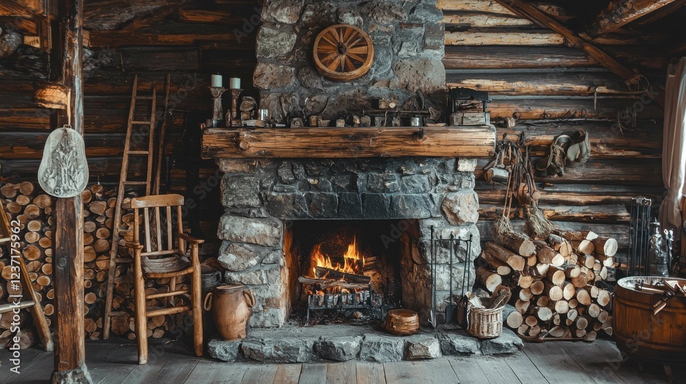 Cozy Rustic Cabin Interior Featuring Stone Fireplace and Firewood Cozy Rustic Cabin Interior Featuring Stone Fireplace and Firewood