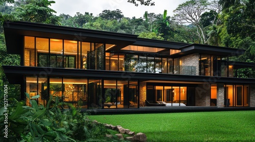 A minimalist house with reflective black glass facades and sandstone features, set amidst lush greenery