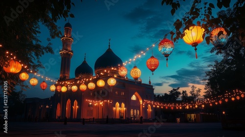 Colorful lanterns illuminate a mosque at dusk during a cultural festival in an urban area