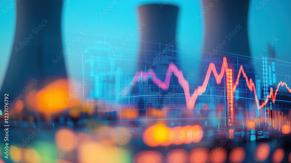 custom made wallpaper toronto digitalNuclear Power Plant Featuring Towering Cooling Towers in the Foreground, with a Blurred Background of Energy Market Graphs Illustrating Fluctuating Nuclear Energy Prices