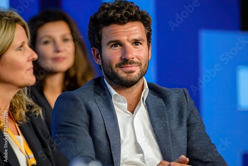 At a business and entrepreneurship symposium, a speaker delivers a talk during a business meeting, while the audience in the conference hall includes an unrecognized participant seen from behind photo