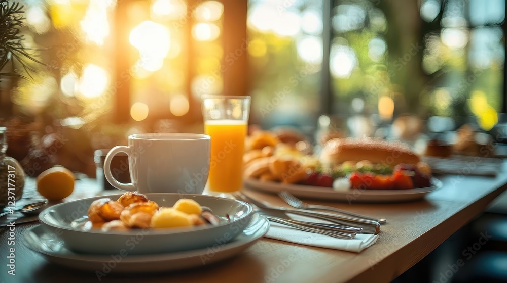 Brunch table setup, close-up of plates and coffee mugs in a cozy morning light Brunch table setup, close-up of plates and coffee mugs in a cozy morning light