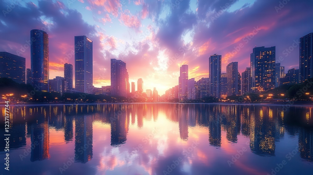 Fototapeta premium City skyline at dusk, close-up of glowing buildings and vibrant sky, soft reflections