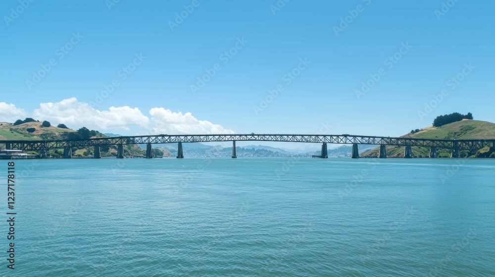 Scenic Bridge Over Calm Water with Clear Blue Sky and Hills Scenic Bridge Over Calm Water with Clear Blue Sky and Hills