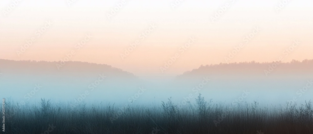 Serene Sunrise Fog Over Grassland And Distant Trees Serene Sunrise Fog Over Grassland And Distant Trees