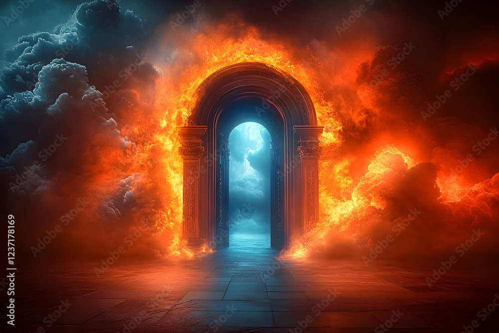 Fototapeta premium Heaven paradise and fiery hell gates choice. Door to heaven and hell. Good and evil, light and darkness. God's judgment, christianity concept. Religious background for design banner, poster