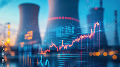 Nuclear Power Plant Featuring Towering Cooling Towers in the Foreground, with a Blurred Background of Energy Market Graphs Illustrating Fluctuating Nuclear Energy Prices