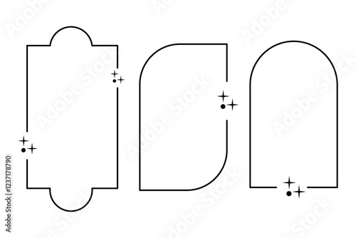 Set of hand drawn minimalist aesthetic linear frames with stars. Linear geometric frames