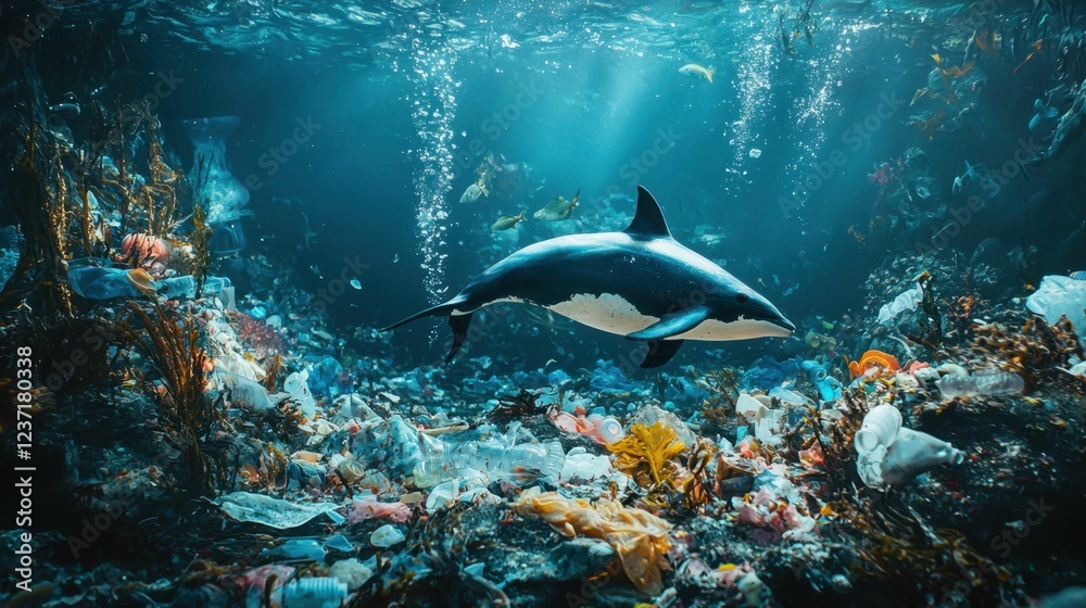 Fototapeta premium Shark Swimming Through Pollution in Ocean with Plastic Waste