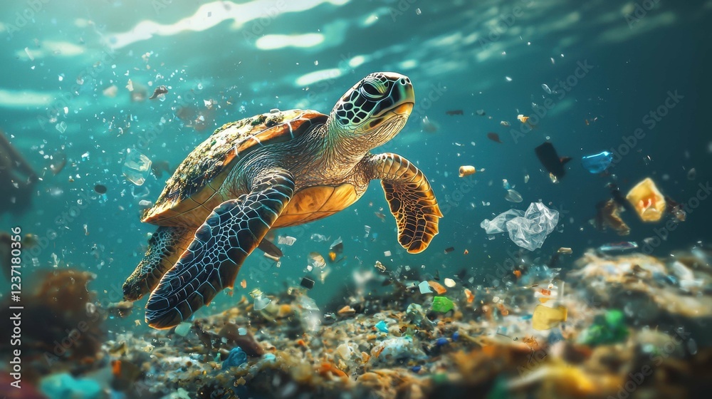 Obraz premium Sea Turtle Swimming Through Polluted Ocean Environment
