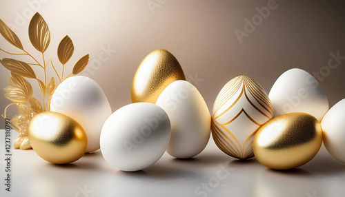 
A clean, minimalistic background featuring soft white and gold Easter eggs, subtle light reflections, and a luxury aesthetic, creating an elegant and festive holiday atmosphere photo