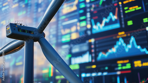 Wind Turbine's Control Panel, Set Against a Background of Fluctuating Energy Market Graphs Depicting Price Trends of Renewable Energy