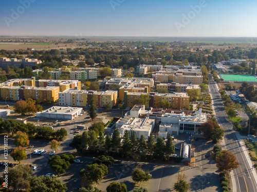 Aerial view of a UC Davis campus with apartment buildings, roads, and parking lots. Sunny day, showing urban sprawl.  Davis, California, USA