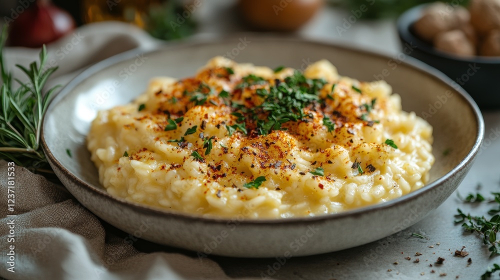Creamy risotto garnished with parsley served in a rustic setting Creamy risotto garnished with parsley served in a rustic setting