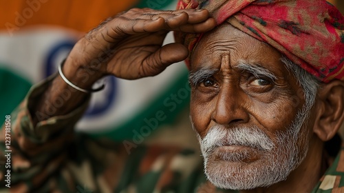 Elderly Indian freedom fighter salutes with pride and respect, honoring the nation and its history