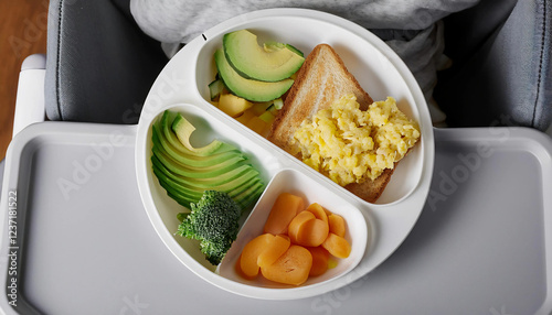 A baby-friendly meal served in a silicone divided plate, featuring soft-cooked vegetables, creamy avocado slices, scrambled eggs, and whole-wheat toast fingers. Set on a high chair tray photo