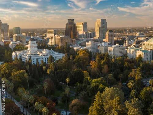 Fotografie Aerial view of Sacramento, CA, showcasing the California State Capitol building amidst a park-like setting