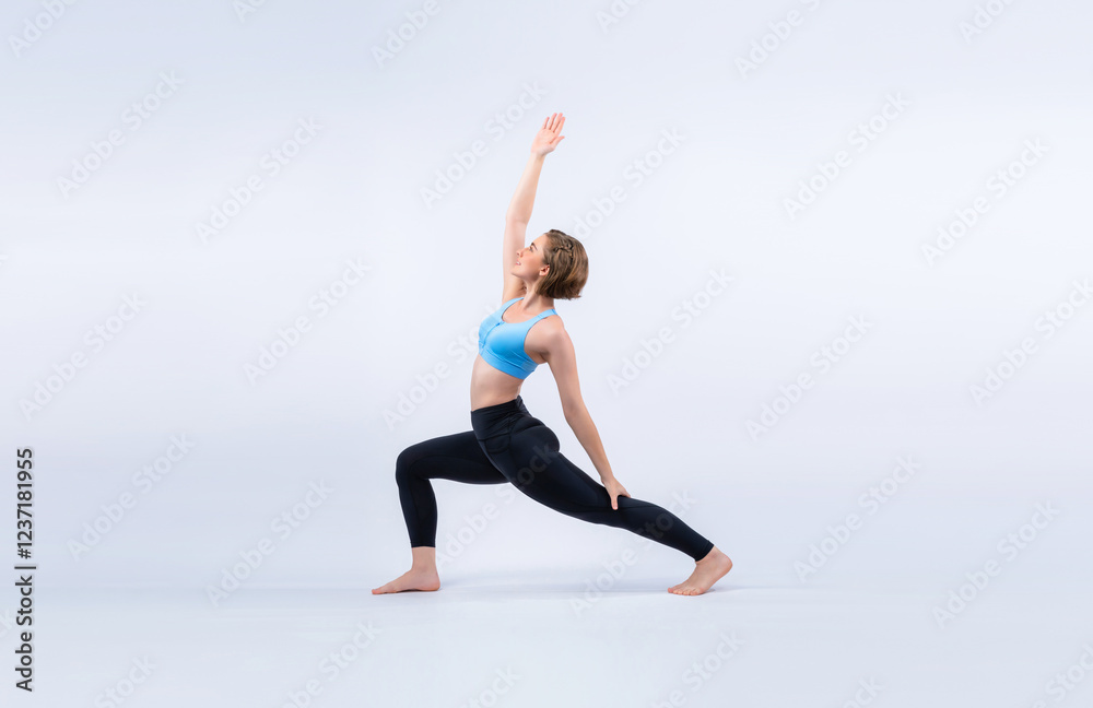 Fototapeta premium Full body length gaiety shot athletic and sporty woman doing healthy and meditative yoga exercise workout posture on isolated background. Healthy active and body care lifestyle