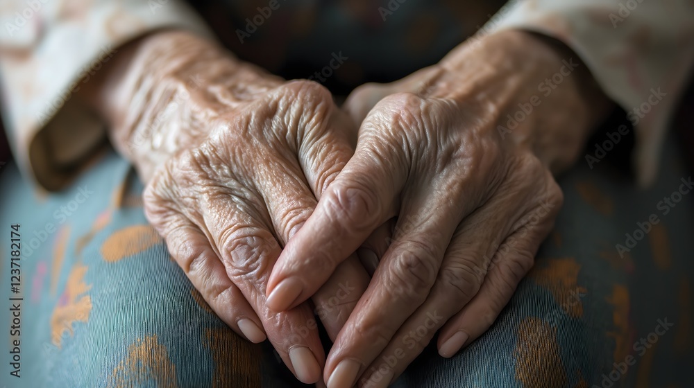 Fototapeta premium Elderly person with chronic eczema resting hands on knees, showcasing skin condition in a serene setting
