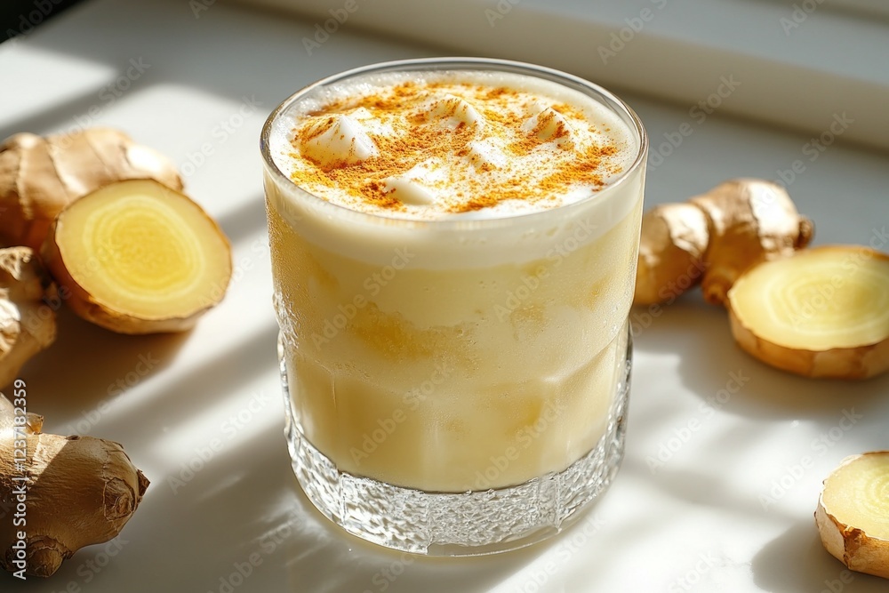 Refreshing ginger flavored ice latte is served in a clear glass, alongside fresh ginger root slices, on a bright sunlit table Refreshing ginger flavored ice latte is served in a clear glass, alongside fresh ginger root slices, on a bright sunlit table