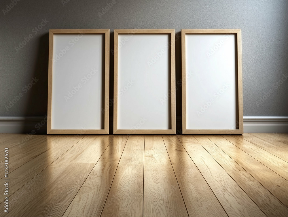 Three empty frames stand on a wooden floor against a gray wall. Empty frames are ready for a picture or a poster. Interior design with three empty frames Three empty frames stand on a wooden floor against a gray wall. Empty frames are ready for a picture or a poster. Interior design with three empty frames